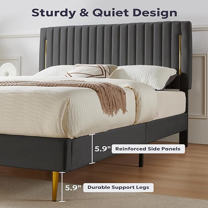 Twin Platform Bed Frame, Velvet Upholstered Bedframe with Vertical Channel Adjustable Headboard, Golden Plating Trim, Mattress Foundation with Wooden Slats, No Box Spring Needed, Grey