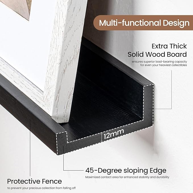 Fun Memories Picture Ledge Shelf, Solid Pine Wood Floating Shelves Set of 4, 16 Inches Nursery Book Shelves for Toys Storage, Kids Bookshelf Wall Mounted for Living Room Decor Photo Frames, Black