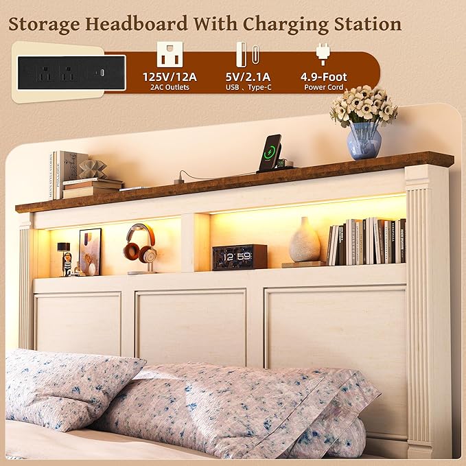 King Size Bed Frame with 53" Tall Headboard, Farmhouse Platform Bed Frame with Roman Column Decoration Footboard & 2 Storage Drawers, LED Built in Charging Station, No Box Spring Needed（Rust White)