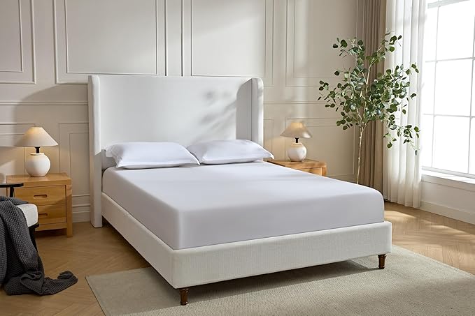 California King Size Upholstered Bed Frame, Platform Bed Frames with 54" Tall Headboard Wingback, Strong Wood Slats Support/No Box Spring Needed/Elegant Simplicity/No Noise, Cream White Chenille