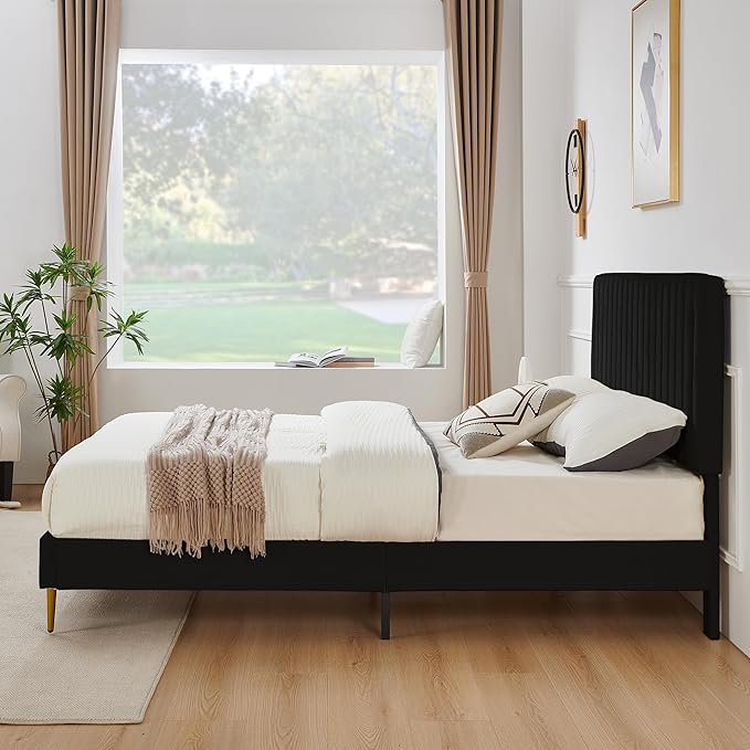 Full Platform Bed Frame, Velvet Upholstered Bedframe with Vertical Channel Adjustable Headboard, Golden Plating Trim, Mattress Foundation with Wooden Slats, No Box Spring Needed, Black