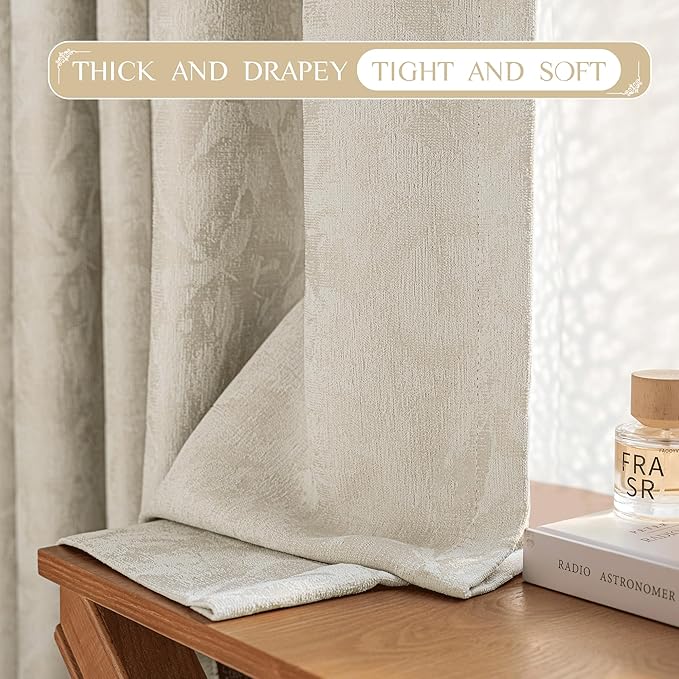 Beauoop Beige Floral Jacquard Blackout Curtains 108 Inches Long 2 Panels for Bedroom Living Room Chenille Flower Room Darkening Thermal Insulated Soundproof Rod Pocket Back Tab Window Drapes 52x108