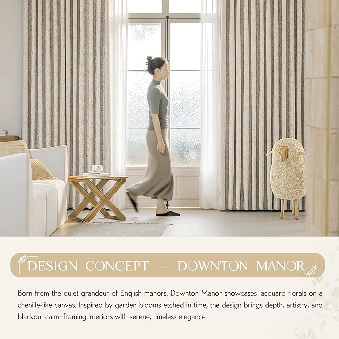 Beauoop Beige Floral Jacquard Blackout Curtains 72 Inches Long 2 Panels for Bedroom Living Room Chenille Flower Room Darkening Thermal Insulated Soundproof Rod Pocket Back Tab Window Drapes 52x72