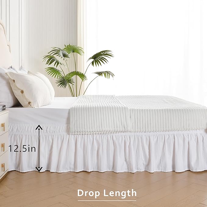 MIYE Striped Tufted Bed Skirt - Wrap Around Dust Ruffle with Elastic Belts - 12.5 Inch Drop Easy to Put On - Bedskirt Machine Washable ＆ Wrinkle Resistant(Striped/White, Full/Twin-12.5" Drop)