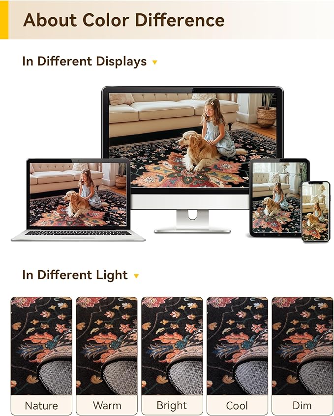 Area Rugs 3'x12' Washable Non-Slip, Floral Vintage Distress Print Pattern Medallion Carpet for Living Room Bedroom Dining Room, Black Colorful Floral Dark Tan