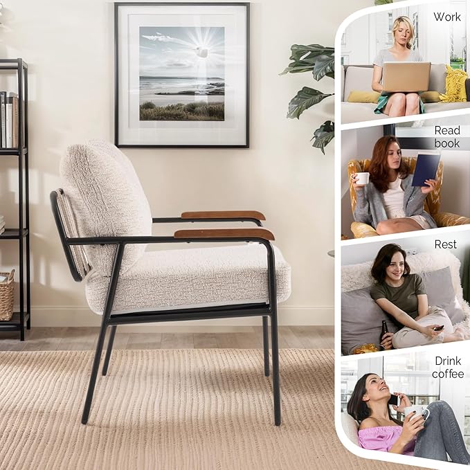 VINGLI Mid-Century Modern Accent Armchiar for Small Space, Small Comfy Upholstered Leisure Reading Chair with Wood Armrest for Bedroom, Living Room, Waiting Room, Linen Beige