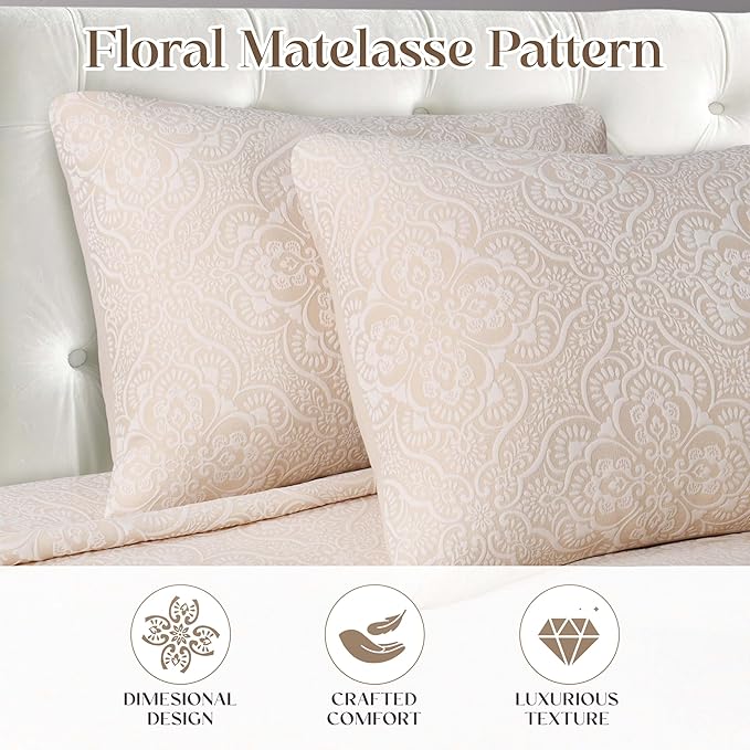 Superior 3 Piece Bedspread Set, Home Bed Decor, Decorative Bed Spread, 2 Pillow Shams, Medium Weight Blanket, Floral Matelasse Coverlet, Bedding Essentials, Enzy Collection, California King, Ivory