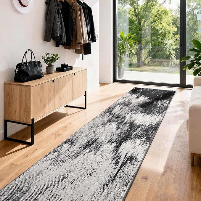 3x8 Hallway Washable Runner Rug: Extra Long Kitchen Runner Non Slip Abstract Rugs Printed Faux Wool Low Pile Soft Indoor Floor Carpet for Bedroon Dining Living Room Bathroom Black White 3x8