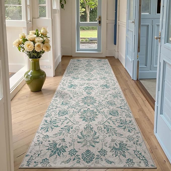 jinchan Torino Runner Rugs 3x10 Vintage-Inspired Floral Design Machine Washable Non-Slip Ultra-Thin Low-Pile Rubber Backing Traditional Rug for Kitchen Hallway Laundry Room Entryway Turquoise