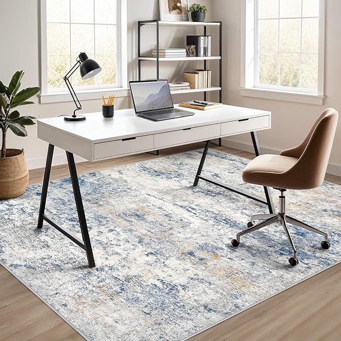 Area Rug Living Room Rugs - 9x12 Abstract Large Soft Indoor Washable Rug Neutral Modern Low Pile Carpet for Bedroom Dining Room Farmhouse Home Office - Blue