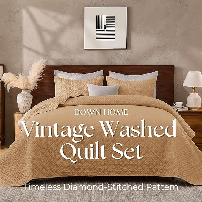 Cali King Quilt Set with Shams Lightweight Quilted Bedspread Coverlet Thin Comforter Bed Cover Vintage Washed Quilted Blanket for All Season, Brushed Microfiber Diamond Stitching, Brown, 111"x92"