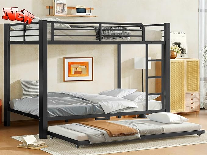 LUXIEE Upgraded & Stronger Heavy Duty Steel Full Over Full Bunk Bed Frame, More Stable Safer Thickened Metal Bunkbeds with Twin Size Trundle (Full)