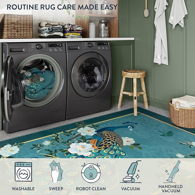 Lahome Peacock Washable Rugs 5x7, Soft Blue Rug for Living Room Bedroom, Floral Vintage Non-Slip Low Pile Stain Resistance Carpet for Farmhouse Dining Room Office, Blue
