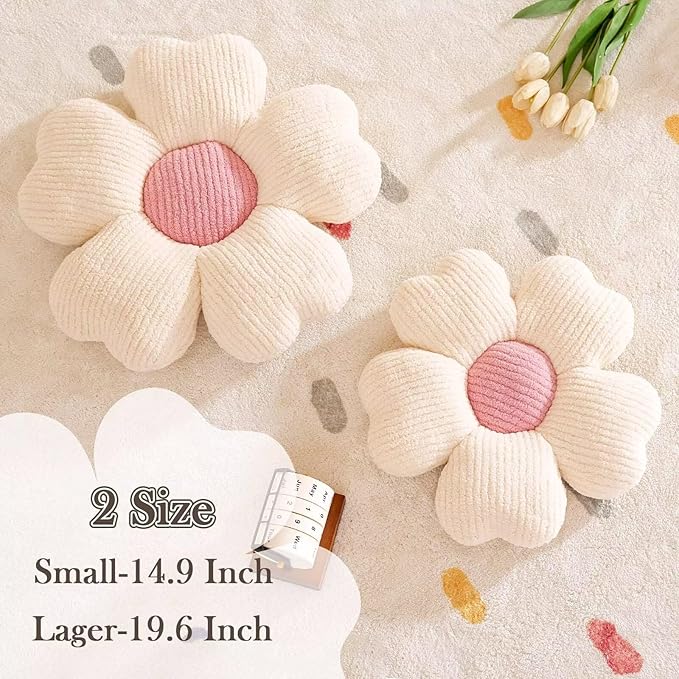 Kcvvcr Flower Throw Pillow, Cute Flower Shaped Pillow Decorative Throw Pillow for Bed Couch, Soft Daisy Pillows Floor Seating Cushion Cushions (14.9 Inch Ivory+Pink)