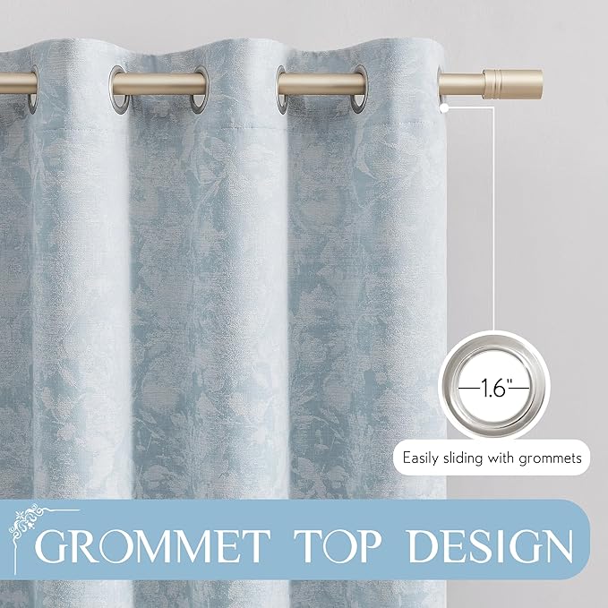 Beauoop Blue Floral Jacquard Blackout Curtains 90 Inches Long 2 Panels for Bedroom Living Room Chenille Flower Room Darkening Thermal Insulated Soundproof Grommet Window Treatments Drapes, 52x90