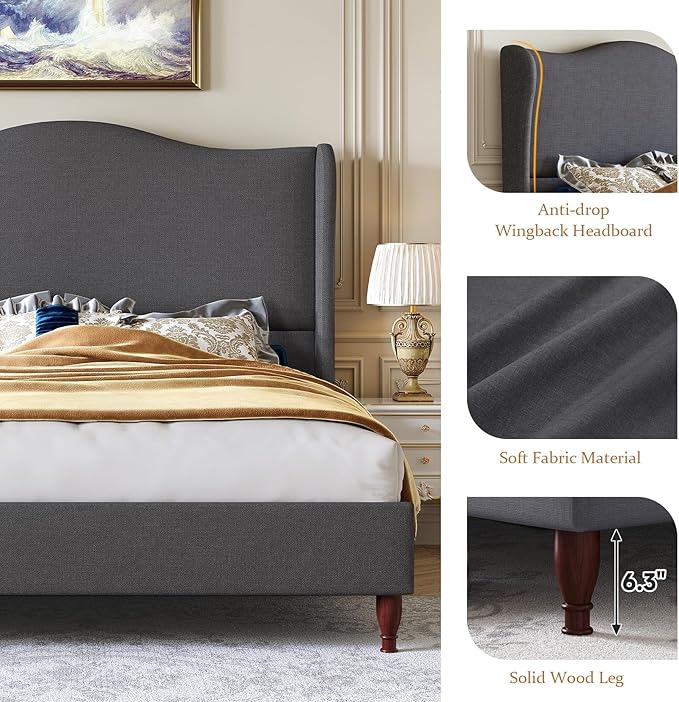 koorlian Full Upholstered Bed, Soft Chenille Sleigh Platform Bed Frame with Wingback Tall Headboard, Retro Minimalist/No Box Spring Required/Easy Assembly, Grey