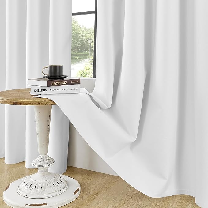 ChrisDowa 100% Blackout Pure White Solid Curtains 108 Inches Long 2 Panels for Bedroom Living Room,Farmhouse Room Darkening Thermal Insulated Soundproof Grommet Top Window Treatment Drapes,52x108