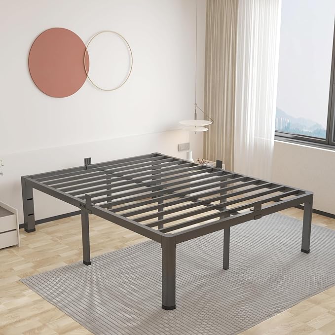 ROIL 12 inch Metal Queen Bed Frame with Rounded Corner and Headboard Hole Mattress Retainers 3500LBS Heavy Duty Steel Slats No Box Spring Needed Platform Noise-Free Easy Assemble