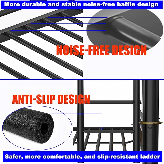 Upgraded Version Thicken Metal Heavy-Duty Full XL Over Queen Bunk Bed, Best Industrial Style Stronger Full Over Queen Size Bunk Bed with Ladder for Adults, Easy Assembly (Full XL Over Queen)
