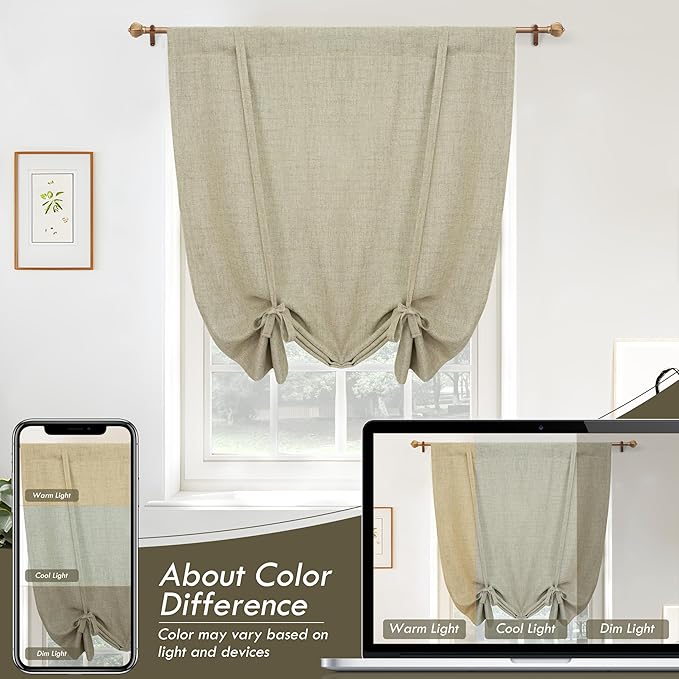 DriftAway Double Layer Linen Blackout Tie Up Curtains Thermal Insulated Fully Lined Balloon Roman Shade Bathroom Window Adjustable Rod Pocket for Small Window 45 Inch by 63 Inch Light Khaki Linen