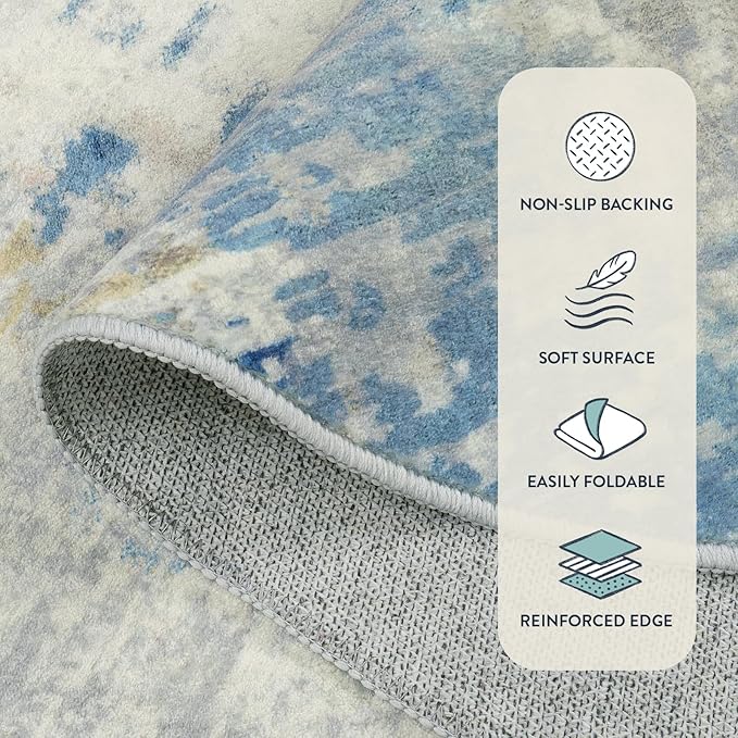 Lahome Modern Abstract 9x12 Area Rugs for Living Room, Washable Living Room Rug for Bedroom Low Pile Non Slip, Soft Indoor Accent Carpet for Dining Room Table Apartment, Blue/Grey