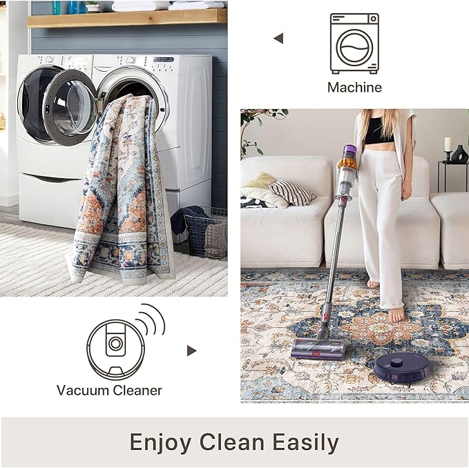 vivorug 4x6 Rug, Boho Small Area Rug for Living Room, Bedroom, Kitchen, Machine Washable Non-Slip Throw Rug, Vintage Floral Carpet for Entryway Nursery Coffee Table - Durable (Orange/Navy)