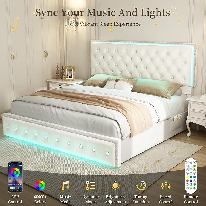 King Led Bed Frame with 2 Drawers, Modern Heavy Duty Upholstered Platform King Size Bed Frames with Crystal Button Tufted Headboard, Solid Slats, Noise Free, No Box Spring Needed, PU White