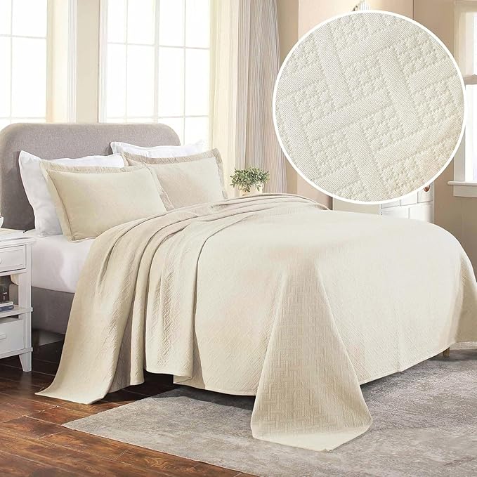 Superior 3 Piece Basketweave Cotton Bedspread Set, Home Bed Decor, Decorative Bed Spread, 2 Pillow Shams, Medium Weight Blanket, Matelasse Coverlet Bedding, Geometric Lattice Pattern, King, Ivory