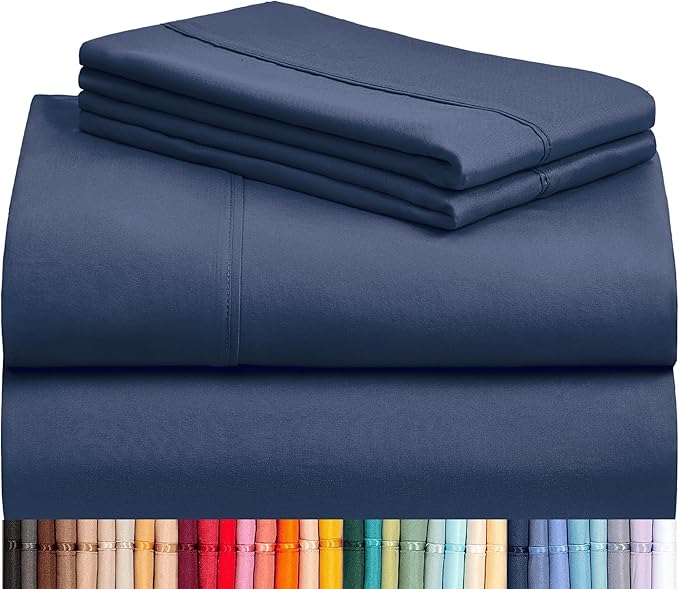 LuxClub 4 PC Full Sheet Set, Deep Pockets Wrinkle Free Cooling Bed Sheets Hotel Bedding for Women, Men, Kids & Teens, Includes 1 Fitted Sheet, 1 Flat Sheet and 2 Pillowcases-Soft Navy