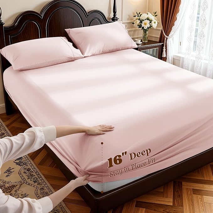 LBRO2M 1000 Thread Count 100% Egyptian Cotton Sheets Set California King Size, 4 Piece Sets Bed Sheet Deep Pocket Sheet Set 16" Soft Comfortable All Season (Clifornia King, Pink)
