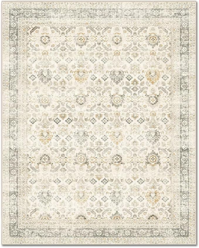 Washable 10x14 Area Rugs for Living Room, Boho Non-Slip Vintage Distress Large Rugs for Bedroom Dining Room Office, 0.3" Neutral Oriental Throw Thin Carpet, Grey/Beige/Orange/Multi