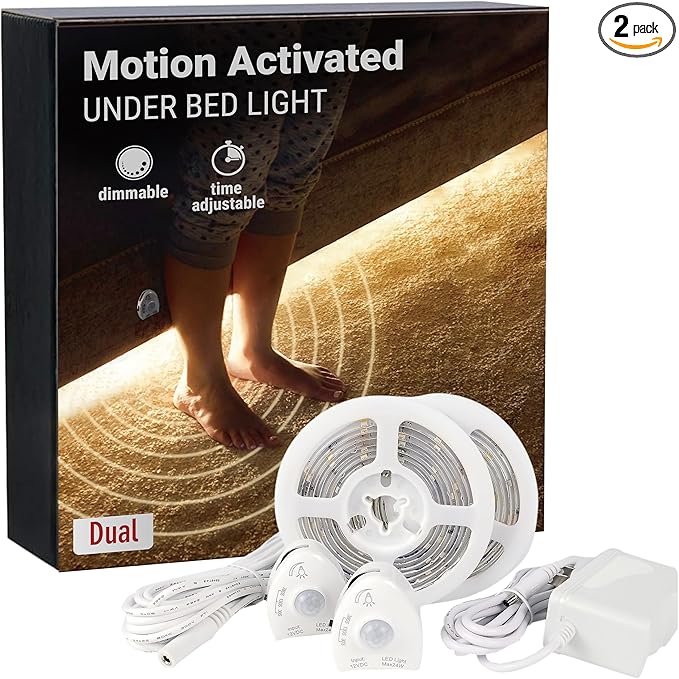 Under Bed Lights Motion Sensor, Motion Activated Bed Lighting,12V Power Adapter, Dimmable LED Strip Night Light for Bedroom,Stairs,Crib,Cabinet,Warm White -2 x 5FT -Dual Kit