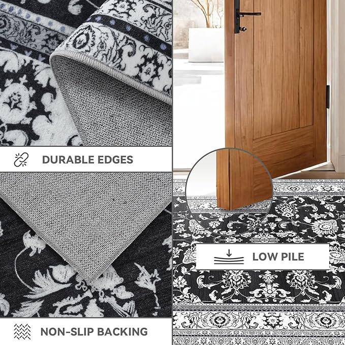 Area Rugs 5x7 Machine Washable Floral Rug Non Silp Faux Wool Vintage Soft Black Carpet for Living Room Dinning Room Bedroom Rug Under Bed Floor | Black White