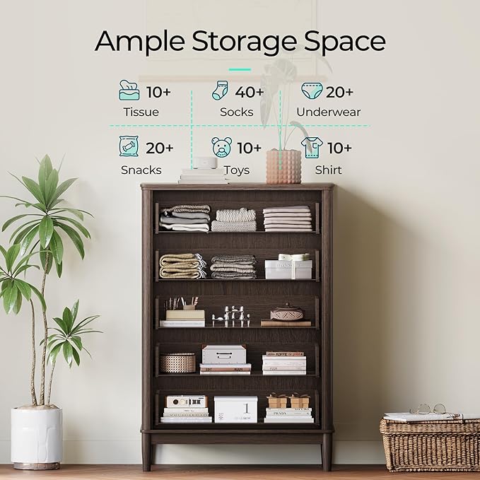LINSY Rattan 5 Drawer Dresser for Bedroom, 46" Tall Mid-Century Modern Chest of Drawers, Deep Storage Dresser with Curved Corner Design, Large Accent Wood Cabinet for Bedroom, Walnut