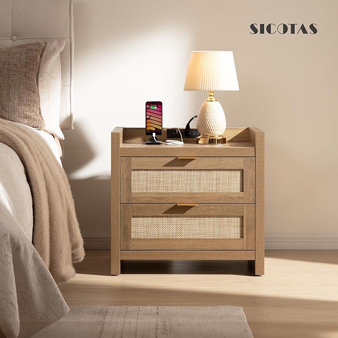 SICOTAS Night Stand Set of 2 - Rattan Nightstands with Type-C Charging Station, 2 Rattan Drawers - Boho Bed Side Tables End Table for Small Space - Natural Oak