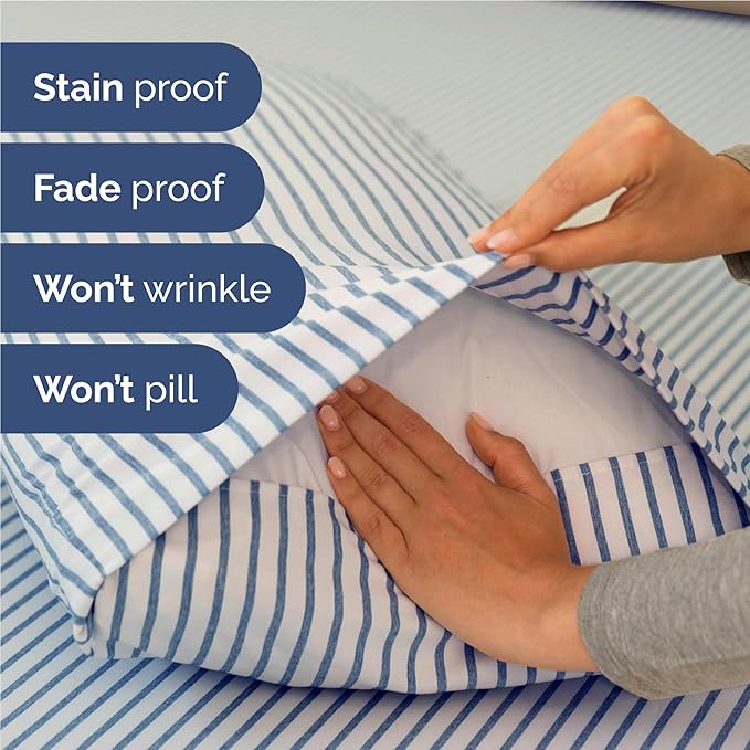 Full 6 Piece Sheet Set - Cooling, Comfy & Breathable - Hotel Luxury Bedding, Includes Fitted Sheet for Women, Men, Kids & Teens - 1 Flat, 1 Fitted Sheet, 4 Pillowcases w/Deep Pockets - Blue Stripes