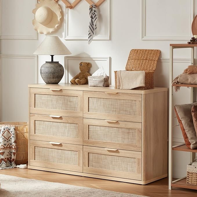 LEYAOYAO Rattan Dresser and Nightstand Sets 3 Piece, Boho Wood Dresser for Bedroom with 6 Drawers and Night Stand with Charging Station, Bedroom Furniture, Dressers & Chests of Drawers, Living Room