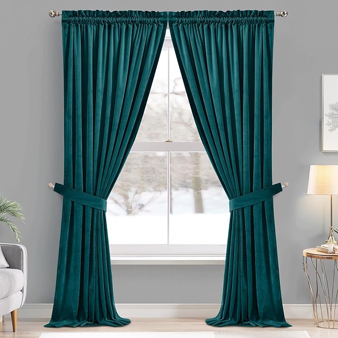 StangH Velvet Teal Curtains for Bedroom, Super Soft Room Darkening Thermal Insulated Door Curtains Rod Pocket Boho Home Decor for Dining Room/Office, W52 x L90, 2 Panels