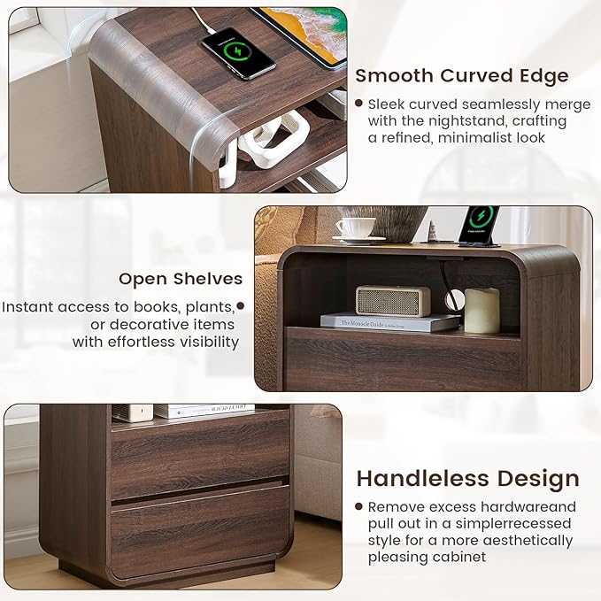 Curved Nightstand Set of 2 with Charging Station, 23.2" Wide Wood Bedside Table 2 Storage Drawers, Modern Side Table Handleless End Table, Walnut Night Stand for Bedroom, Office