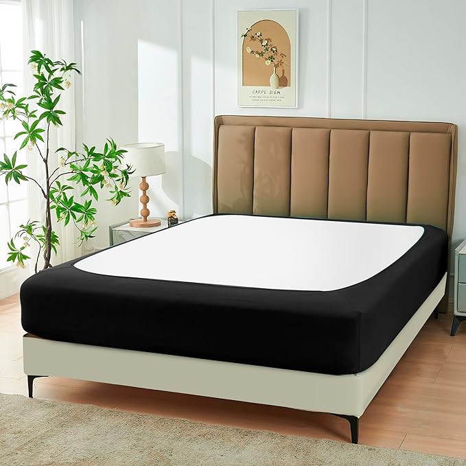 Biscaynebay Decorative Box Spring Cover Queen Size, Black Luxurious Jersey Knitting Stretchy Wrap Around 4 Sides Bed Skirt for Home/Hotels, Easy Fit Wrinkle Free Machine Washable
