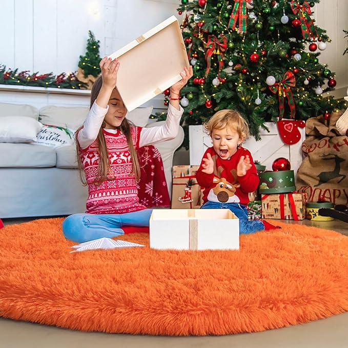 Round Orange Rug for Bedroom, 7 ft Circle Area Rugs for Living Room, Soft Large Fluffy Shag Carpet for Teen Girls Boys Nursery Room Dorm Home Decor Aesthetic