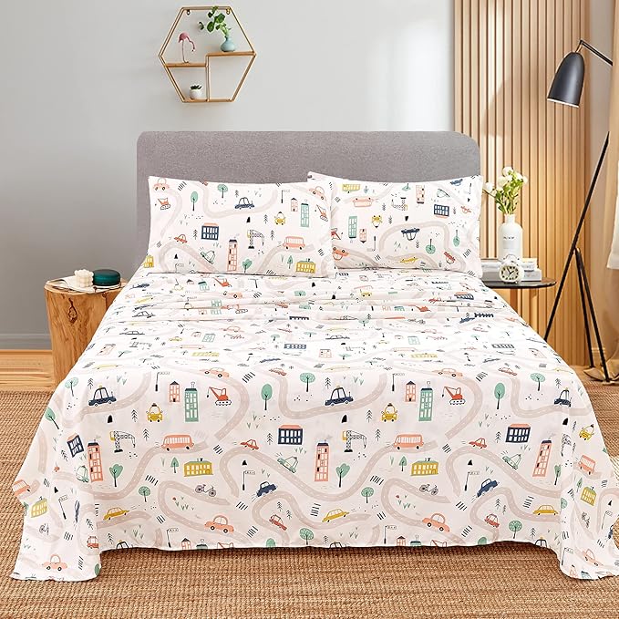 JSD Car Kids Printed Sheet Set Twin Size, 3 Piece Soft Microfiber Bed Sheets Deep Pocket