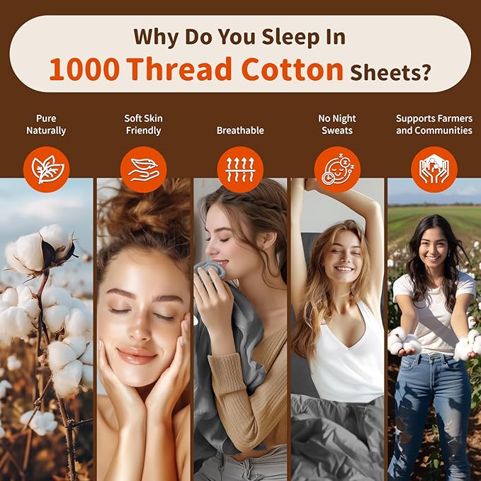 LBRO2M 100% Cotton Sheets Set Deep Pocket 24", 1000 Thread Count Full Size 4 Piece Bed Sheet Sets Soft Comfortable Bedding All Season (Full, Dark Gray)