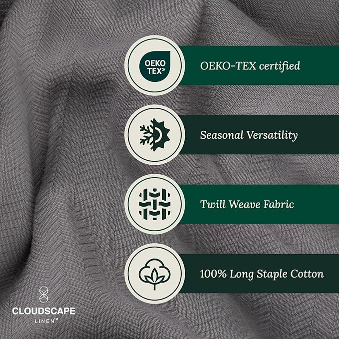 Cloud Scape Linen 100% Cotton Blanket 92x92 Sharkskin - Cozy Herringbone Weave, Fits Up to for Full Size Beds, Breathable Softness, All-Season Warmth, Winter Blanket, for Women