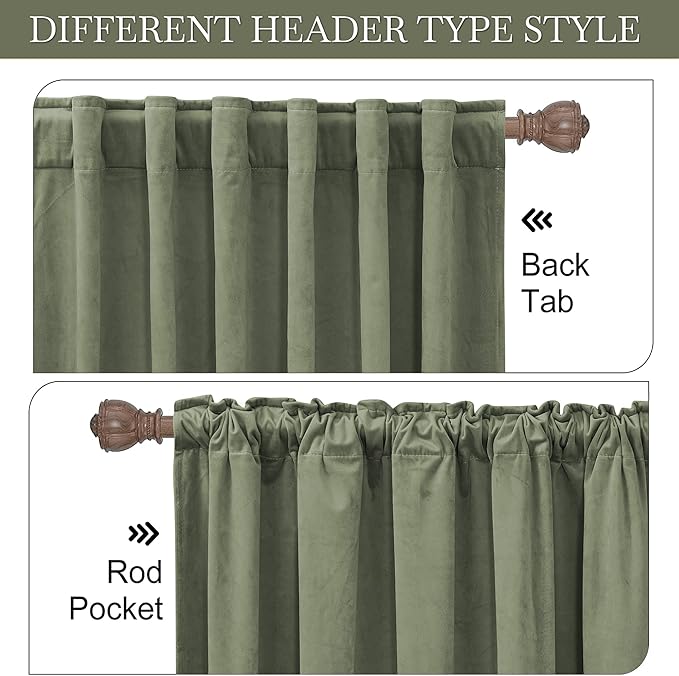 RYB HOME Plush Velvet Curtains, Heavy Duty Back Tab Decorative Window Drapes Privacy Room Darkening Covering for Living Room Playroom, Sage Green, W52 x L90 inches, Set of 2 Panels