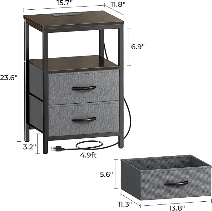 Huuger Nightstands Set of 2, End Tables with Charging Station, Fabric Drawers, Bedside Tables with USB Ports and Outlets, Night Stands for Bedroom, Walnut