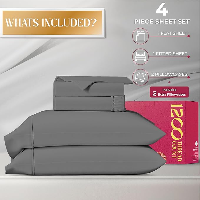 Mayfair Linen 100% Egyptian Cotton Sheets California King Size - 1200 Thread Count 4 PC Cal King Sheets Egyptian Cotton, Cooling Sateen Sheet, High Thread Count Sheet California King - Dark Grey