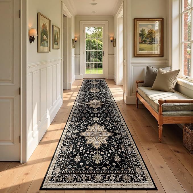 Area Rugs 3'x12' Washable Non-Slip, Floral Vintage Distress Print Pattern Medallion Carpet for Living Room Bedroom Dining Room, Black Brown Neutral Dark Tan