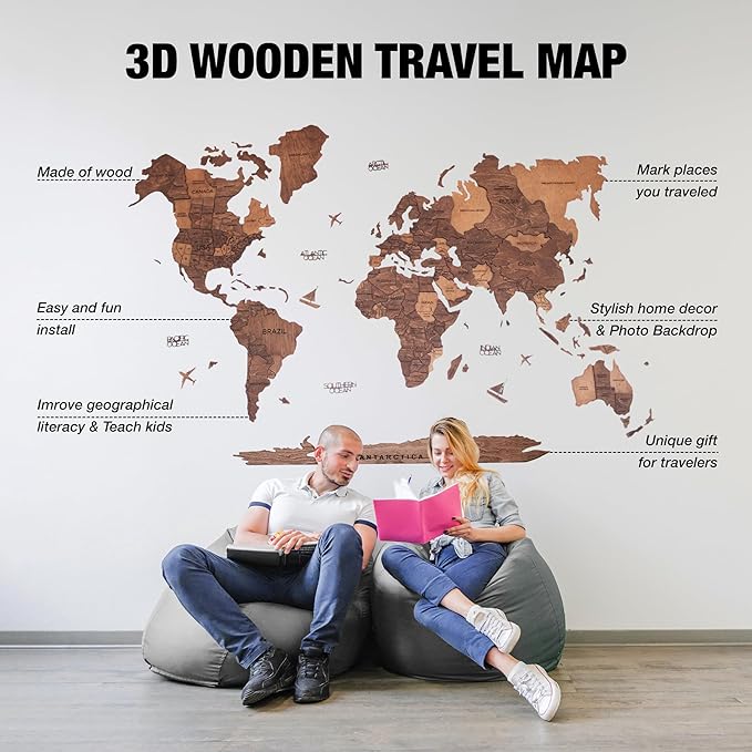 Handmade 3D Wood World Map Wall Art Large Wall Decor Track Your World Travels - Special for Home, Kitchen and Office (X-Large, Oak)