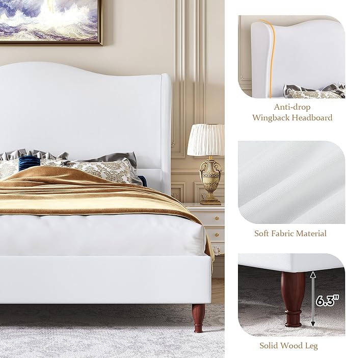 koorlian Full Size Bed Frame with 51" Tall Headboard, Fully Upholstered Platform Bed Frame with with Soft Fabric, Sleigh Wingback, Solid Wood Retro Legs, Modern Minimalist Style, Easy Assembly, White